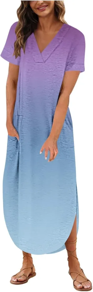 Dresses for Women Casual Short Sleeve Daily Wear Dresses Flowy Long Maxi Crewneck Lounge Dresses Beach Sundress