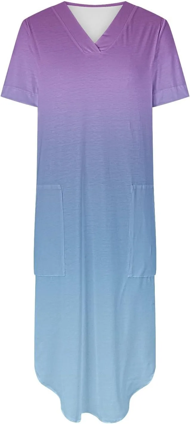 Dresses for Women Casual Short Sleeve Daily Wear Dresses Flowy Long Maxi Crewneck Lounge Dresses Beach Sundress
