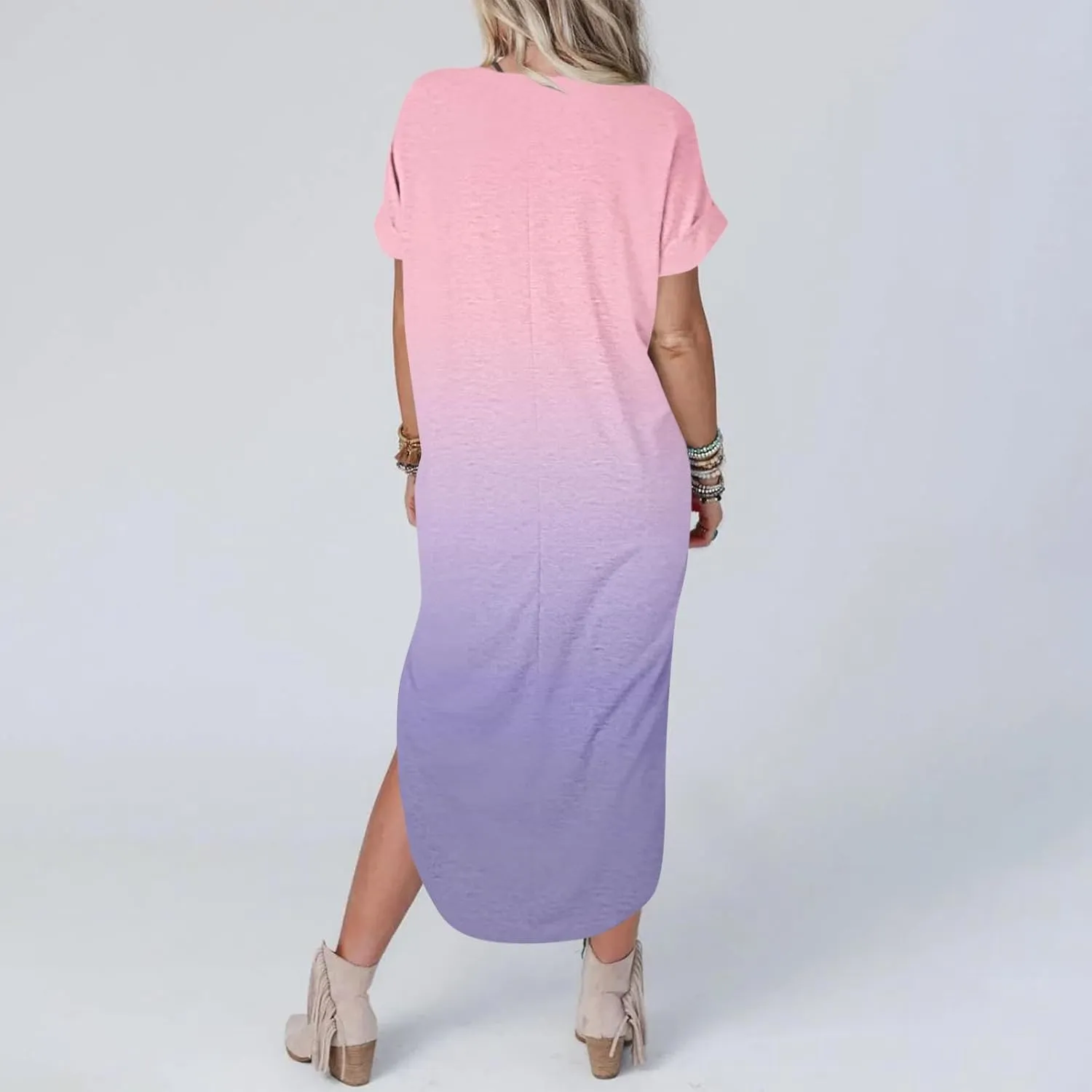 Dresses for Women Casual Short Sleeve Daily Wear Dresses Flowy Long Maxi Crewneck Lounge Dresses Beach Sundress