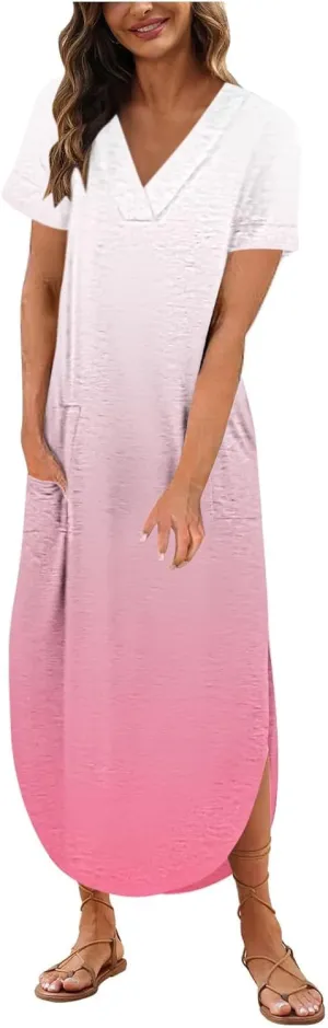 Dresses for Women Casual Short Sleeve Daily Wear Dresses Flowy Long Maxi Crewneck Lounge Dresses Beach Sundress