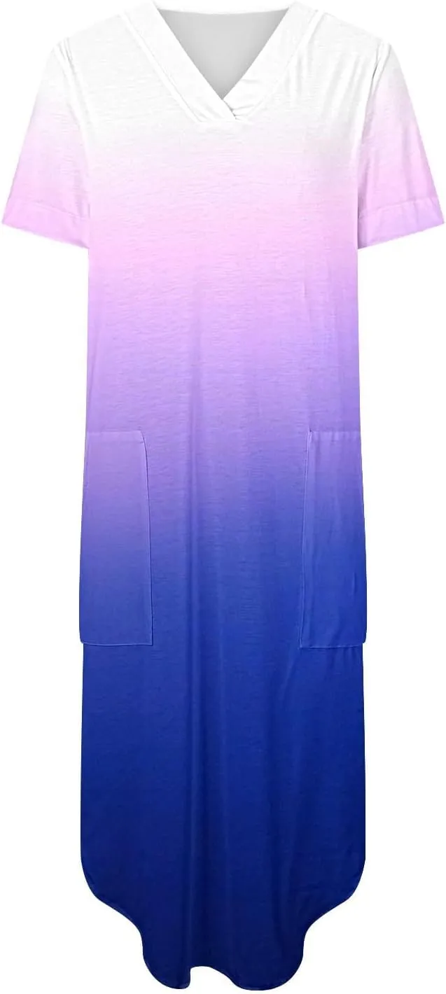 Dresses for Women Casual Short Sleeve Daily Wear Dresses Flowy Long Maxi Crewneck Lounge Dresses Beach Sundress