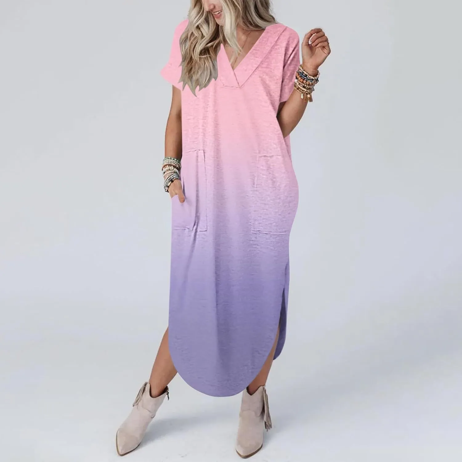 Dresses for Women Casual Short Sleeve Daily Wear Dresses Flowy Long Maxi Crewneck Lounge Dresses Beach Sundress