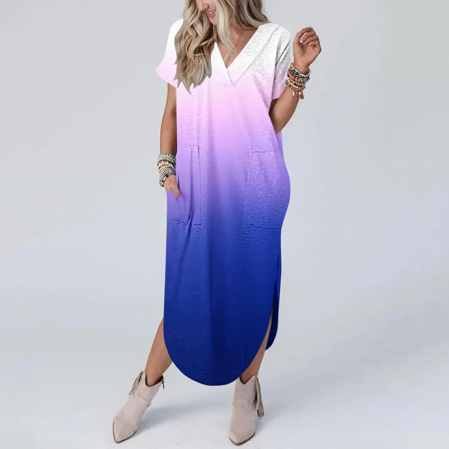 Dresses for Women Casual Short Sleeve Daily Wear Dresses Flowy Long Maxi Crewneck Lounge Dresses Beach Sundress