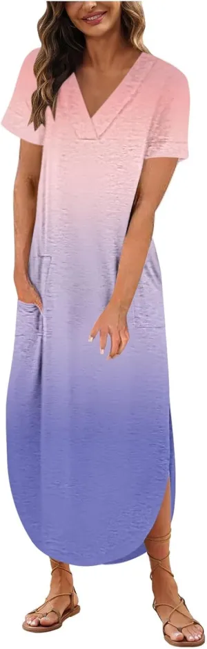 Dresses for Women Casual Short Sleeve Daily Wear Dresses Flowy Long Maxi Crewneck Lounge Dresses Beach Sundress