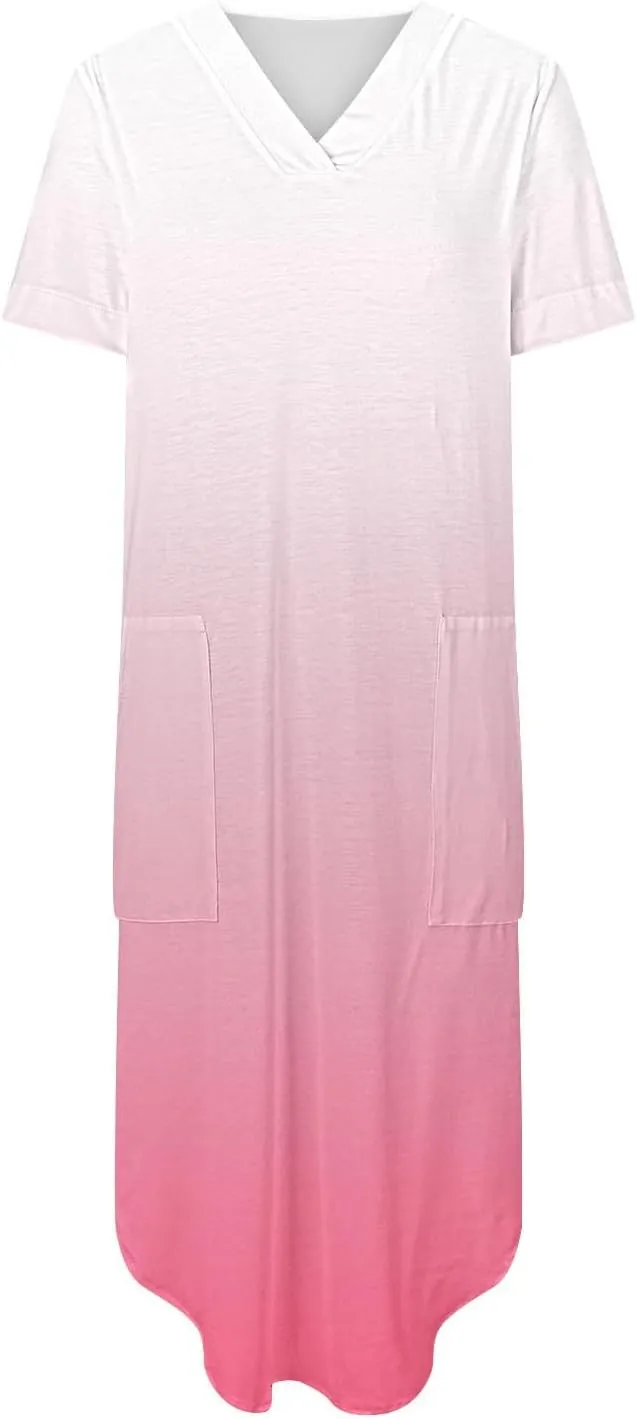 Dresses for Women Casual Short Sleeve Daily Wear Dresses Flowy Long Maxi Crewneck Lounge Dresses Beach Sundress