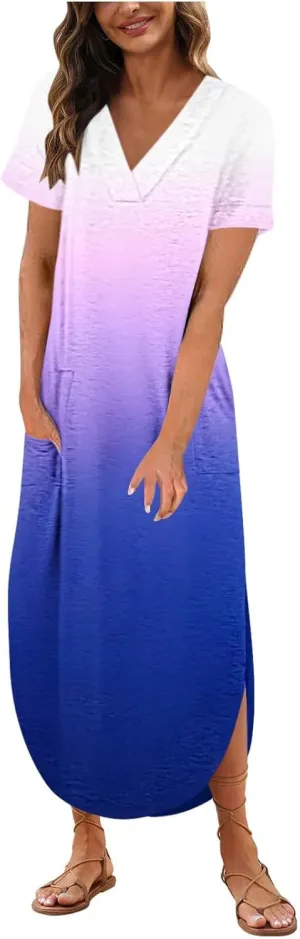 Dresses for Women Casual Short Sleeve Daily Wear Dresses Flowy Long Maxi Crewneck Lounge Dresses Beach Sundress