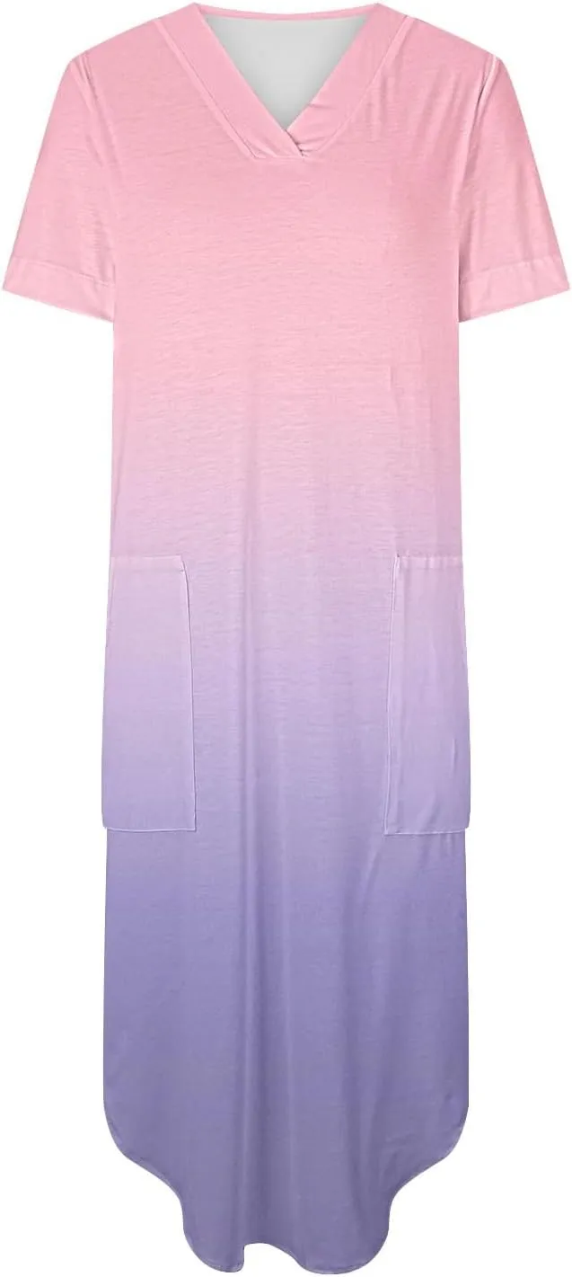 Dresses for Women Casual Short Sleeve Daily Wear Dresses Flowy Long Maxi Crewneck Lounge Dresses Beach Sundress