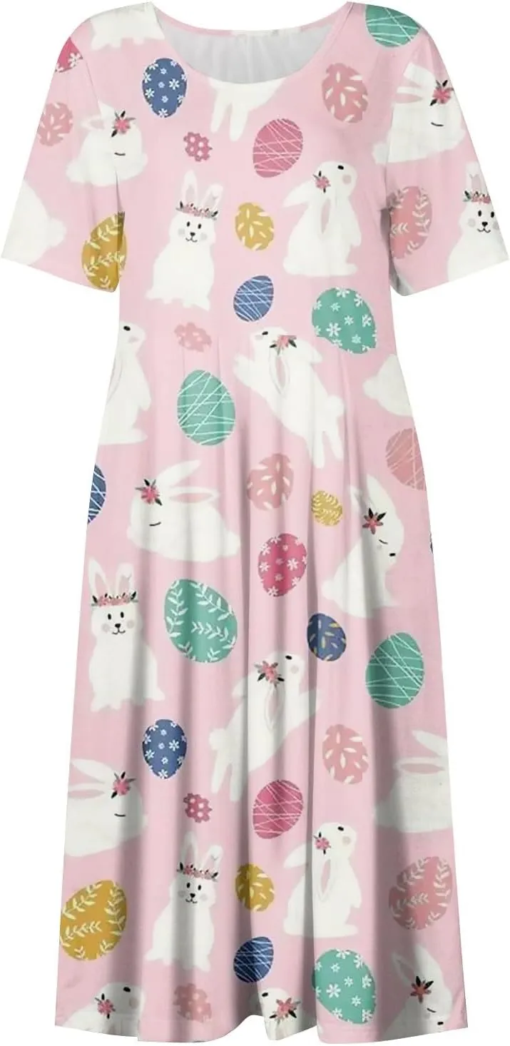 Easter Spring Dresses for Women Happy Easter Midi Garden Party Spring Outfits 2025 Floral Easter Basket Daily Wear Dresses