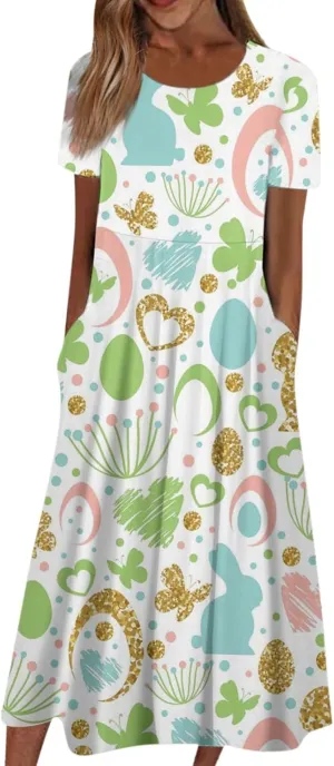Easter Spring Dresses for Women Happy Easter Midi Garden Party Spring Outfits 2025 Floral Easter Basket Daily Wear Dresses