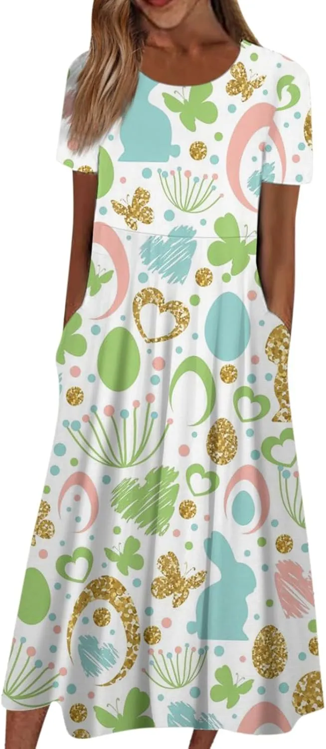 Easter Spring Dresses for Women Happy Easter Midi Garden Party Spring Outfits 2025 Floral Easter Basket Daily Wear Dresses