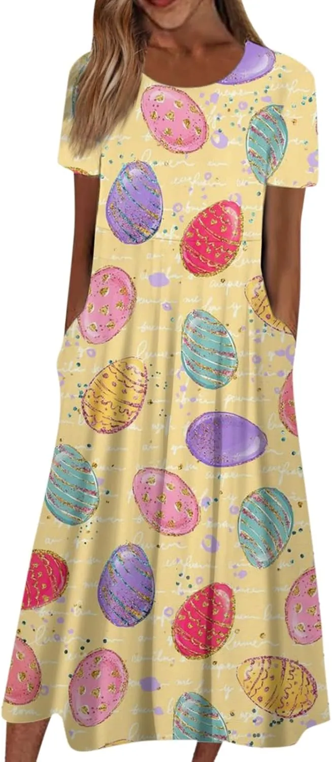 Easter Spring Dresses for Women Happy Easter Midi Garden Party Spring Outfits 2025 Floral Easter Basket Daily Wear Dresses