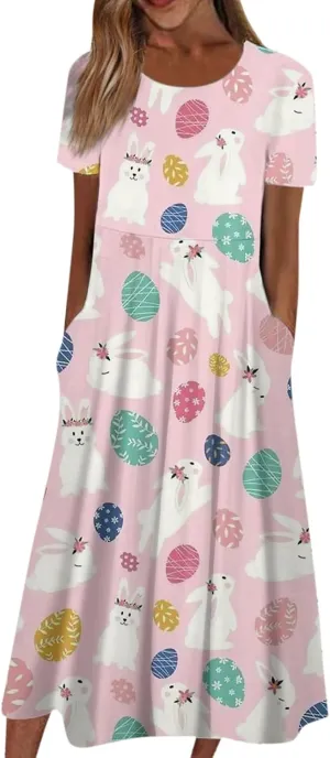 Easter Spring Dresses for Women Happy Easter Midi Garden Party Spring Outfits 2025 Floral Easter Basket Daily Wear Dresses