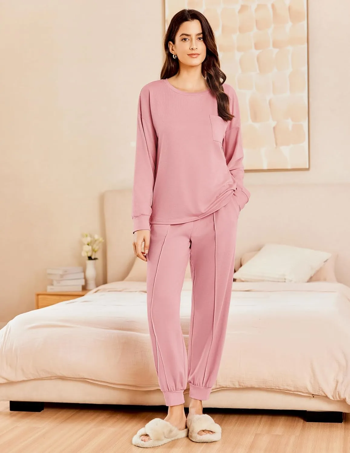 Ekouaer Lounge Sets for Women 2 Piece Jogger Pajama Long Sleeve Pants Loungewear Sweatsuits Casual Matching Outfits