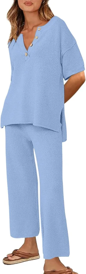 Ekouaer Lounge Sets for Women 2 Piece Pullover Sweater Set Knit Tops Wide Leg Pants Sweatsuits Casual Travel Outfits, S-XXL