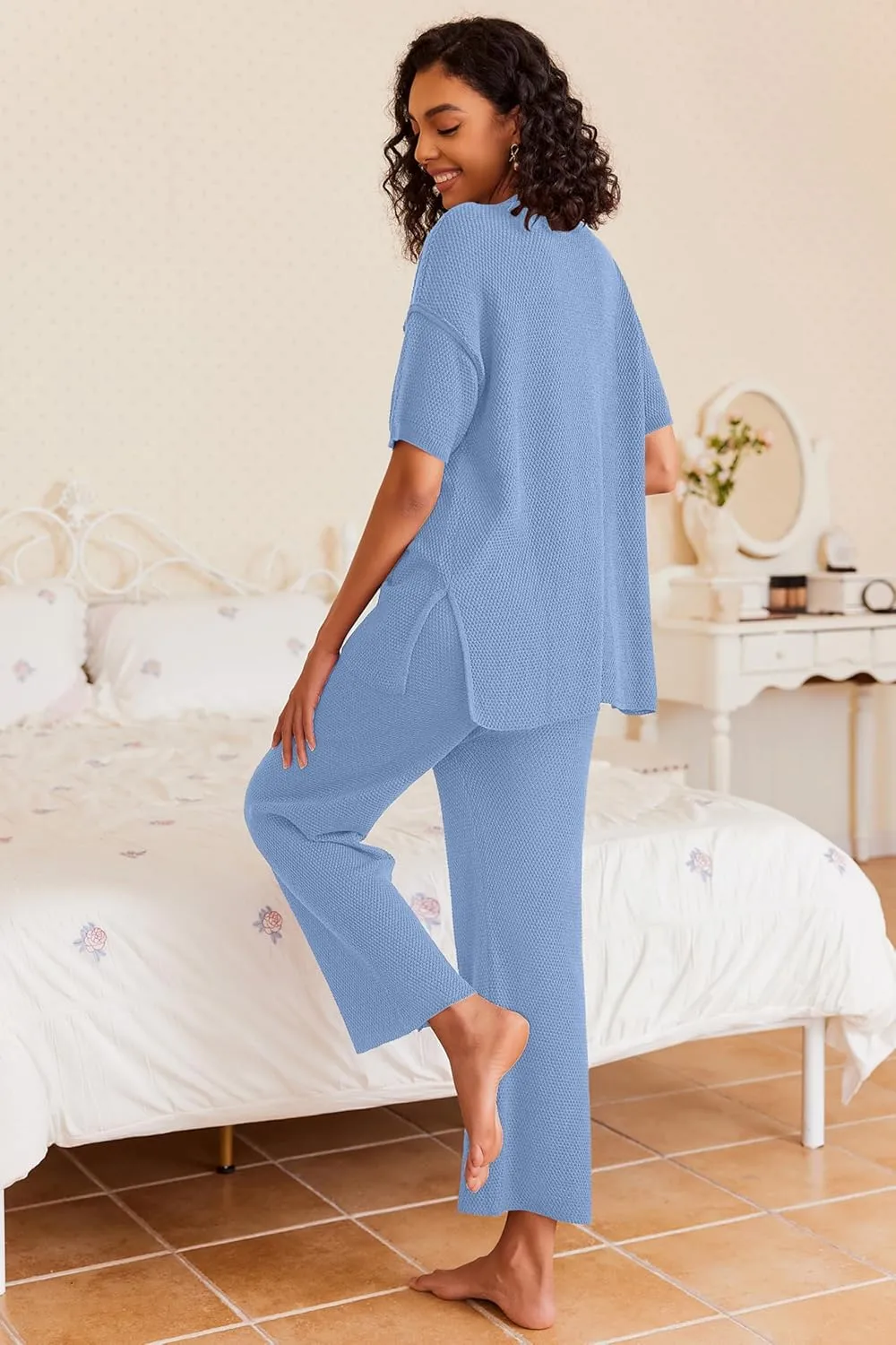 Ekouaer Lounge Sets for Women 2 Piece Pullover Sweater Set Knit Tops Wide Leg Pants Sweatsuits Casual Travel Outfits, S-XXL