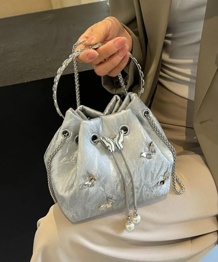 Exquisite Bucket Bag for Women Mini Drawstring Hobo Shoulder Bag Stylish Top Handle Purse Leisure Crossbody Bag with Chain