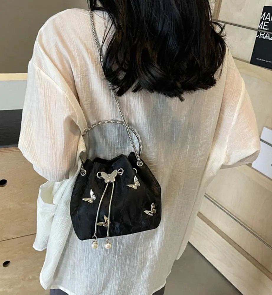 Exquisite Bucket Bag for Women Mini Drawstring Hobo Shoulder Bag Stylish Top Handle Purse Leisure Crossbody Bag with Chain
