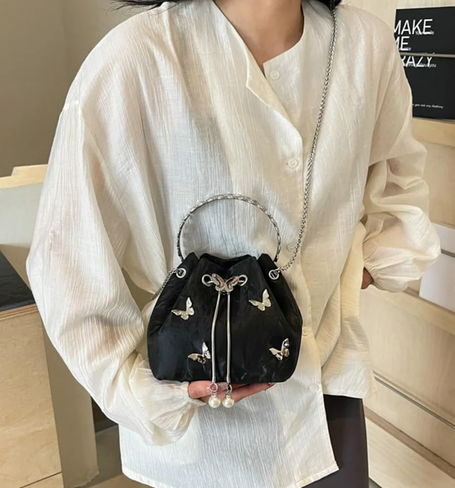 Exquisite Bucket Bag for Women Mini Drawstring Hobo Shoulder Bag Stylish Top Handle Purse Leisure Crossbody Bag with Chain