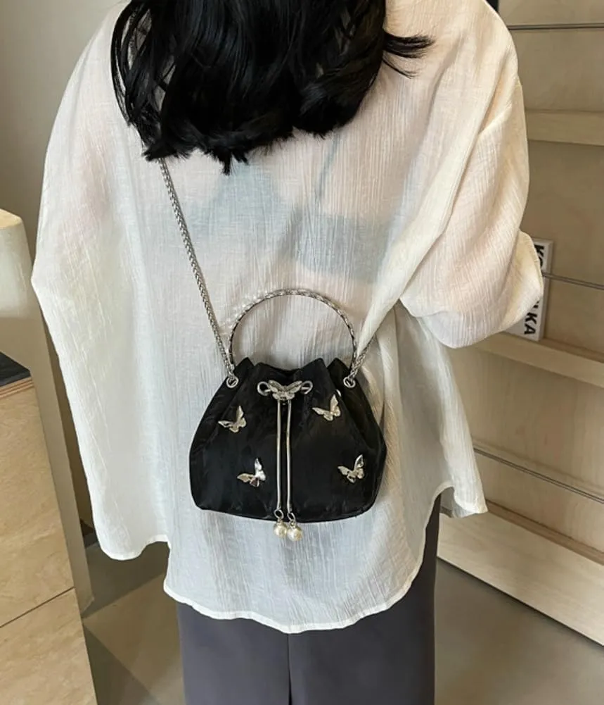 Exquisite Bucket Bag for Women Mini Drawstring Hobo Shoulder Bag Stylish Top Handle Purse Leisure Crossbody Bag with Chain