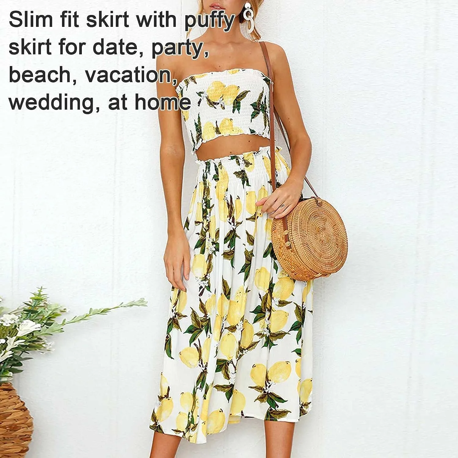 FEECOZ Daily Wear 2 Piece Outfit Dress Printed Women's Bra Crop Top Elegant High Waist Maxi Dresses Pleated Skirt Set (Color : Lemon, Size : M-Medium)