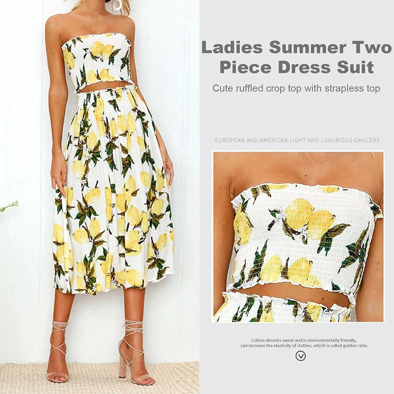 FEECOZ Daily Wear 2 Piece Outfit Dress Printed Women's Bra Crop Top Elegant High Waist Maxi Dresses Pleated Skirt Set (Color : Lemon, Size : M-Medium)