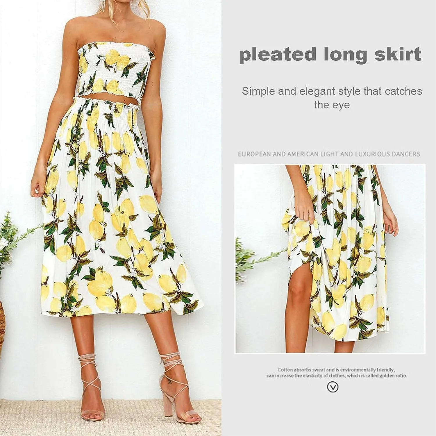 FEECOZ Daily Wear 2 Piece Outfit Dress Printed Women's Bra Crop Top Elegant High Waist Maxi Dresses Pleated Skirt Set (Color : Lemon, Size : M-Medium)