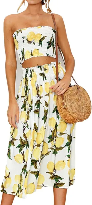 FEECOZ Daily Wear 2 Piece Outfit Dress Printed Women's Bra Crop Top Elegant High Waist Maxi Dresses Pleated Skirt Set (Color : Lemon, Size : M-Medium)