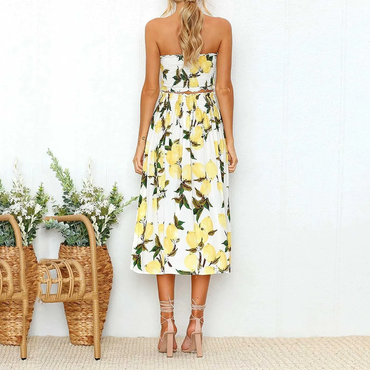 FEECOZ Daily Wear 2 Piece Outfit Dress Printed Women's Bra Crop Top Elegant High Waist Maxi Dresses Pleated Skirt Set (Color : Lemon, Size : M-Medium)