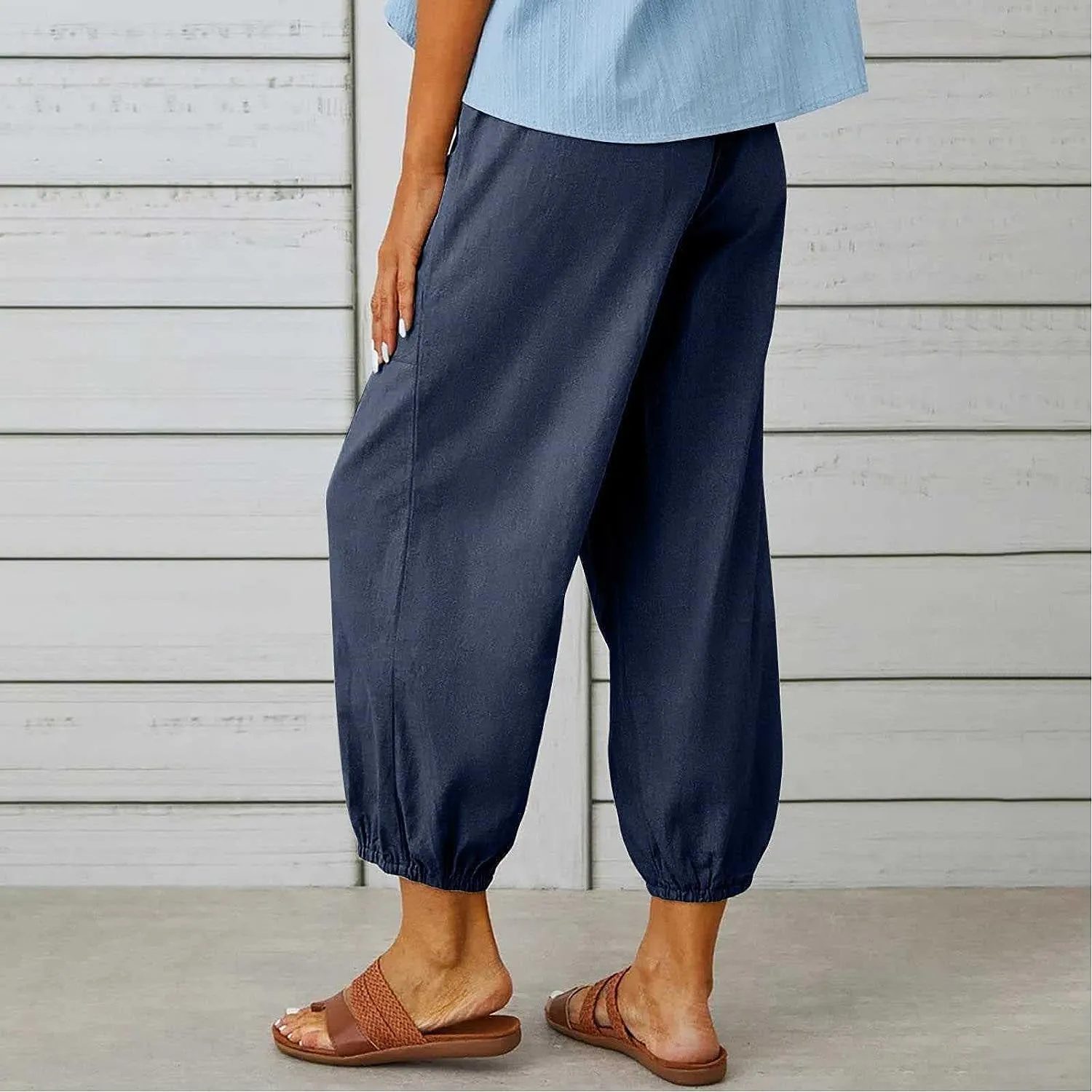 FEECOZ Daily Wear Women's Capri Yoga Pants Baggy Wide Leg Pants Loose Fit Plus Size Harem Pants with Pockets (Color : Brown, Size : S-Small)