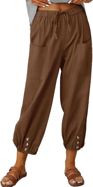 FEECOZ Daily Wear Women's Capri Yoga Pants Baggy Wide Leg Pants Loose Fit Plus Size Harem Pants with Pockets (Color : Brown, Size : S-Small)