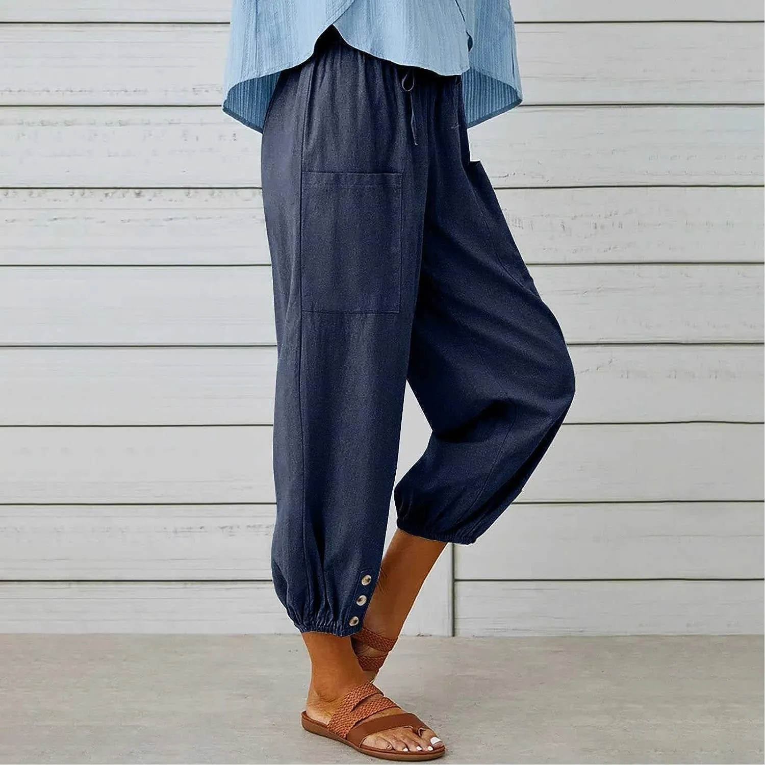 FEECOZ Daily Wear Women's Capri Yoga Pants Baggy Wide Leg Pants Loose Fit Plus Size Harem Pants with Pockets (Color : Brown, Size : S-Small)