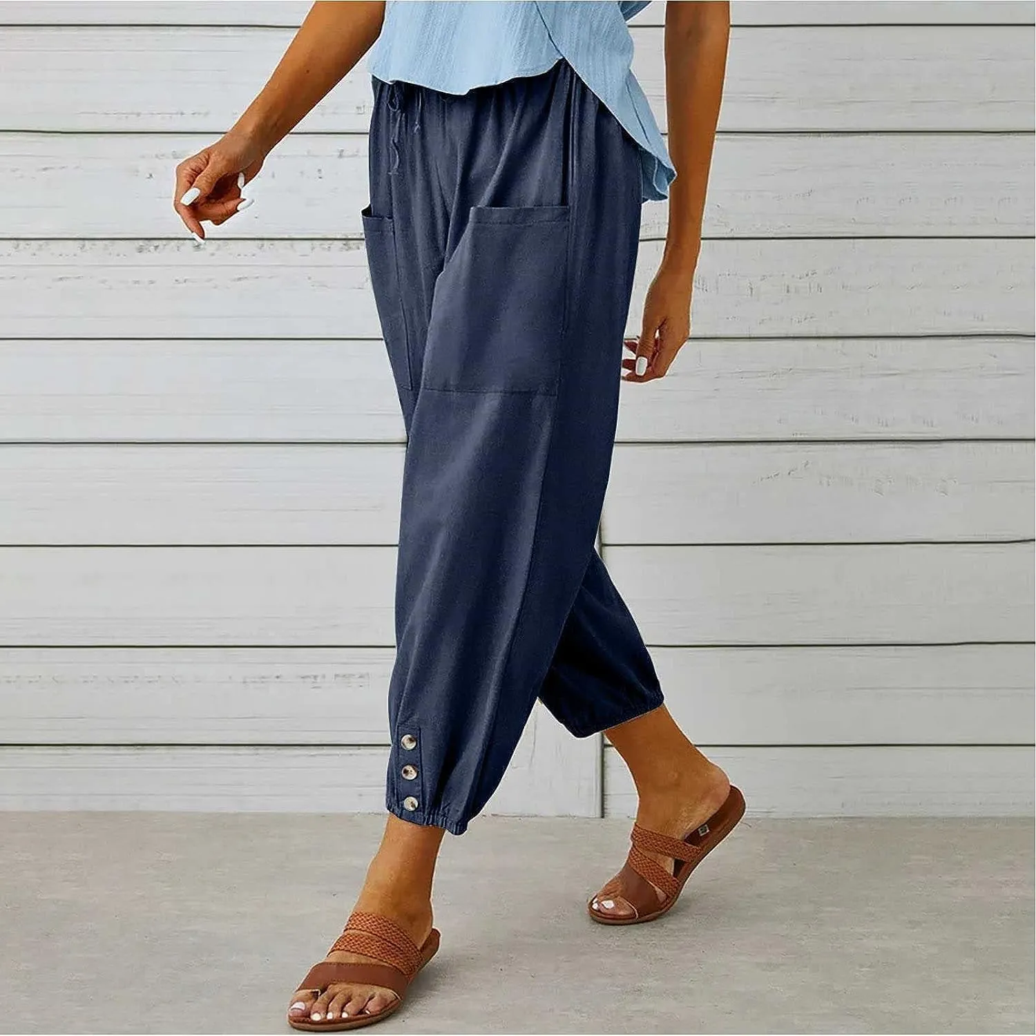 FEECOZ Daily Wear Women's Capri Yoga Pants Baggy Wide Leg Pants Loose Fit Plus Size Harem Pants with Pockets (Color : Brown, Size : S-Small)
