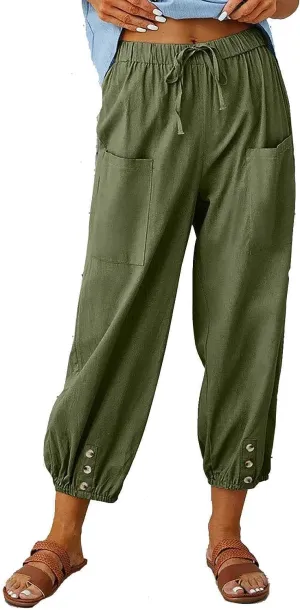 FEECOZ Daily Wear Women's Capri Yoga Pants Baggy Wide Leg Pants Loose Fit Plus Size Harem Pants with Pockets (Color : Green, Size : S-Small)
