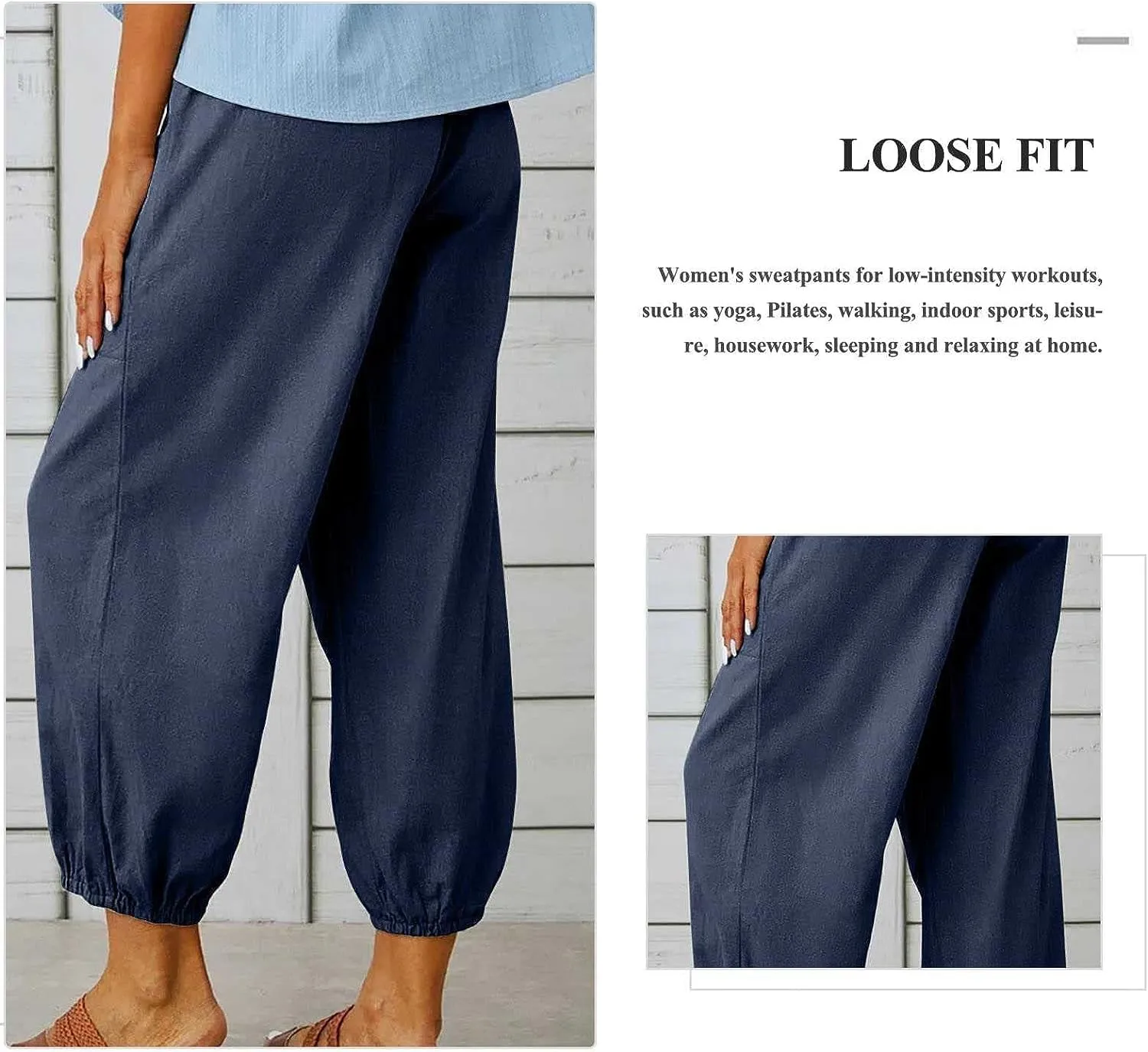 FEECOZ Daily Wear Women's Capri Yoga Pants Baggy Wide Leg Pants Loose Fit Plus Size Harem Pants with Pockets (Color : Jeansblue, Size : S-Small)