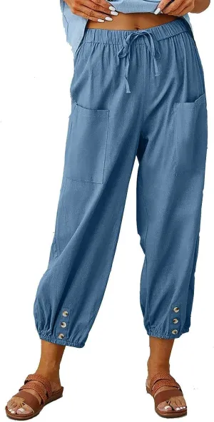 FEECOZ Daily Wear Women's Capri Yoga Pants Baggy Wide Leg Pants Loose Fit Plus Size Harem Pants with Pockets (Color : Jeansblue, Size : S-Small)