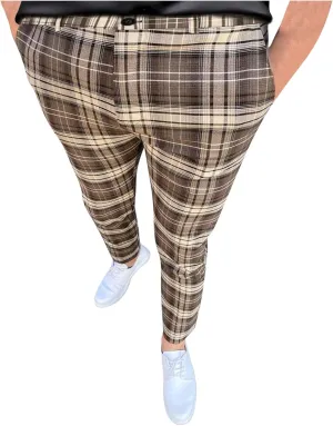 Finelylove Mens Dress Pants Slim Fit Flat Front Casual Plaid Pants Stretch Tapered Business Work Pants Chino Trousers