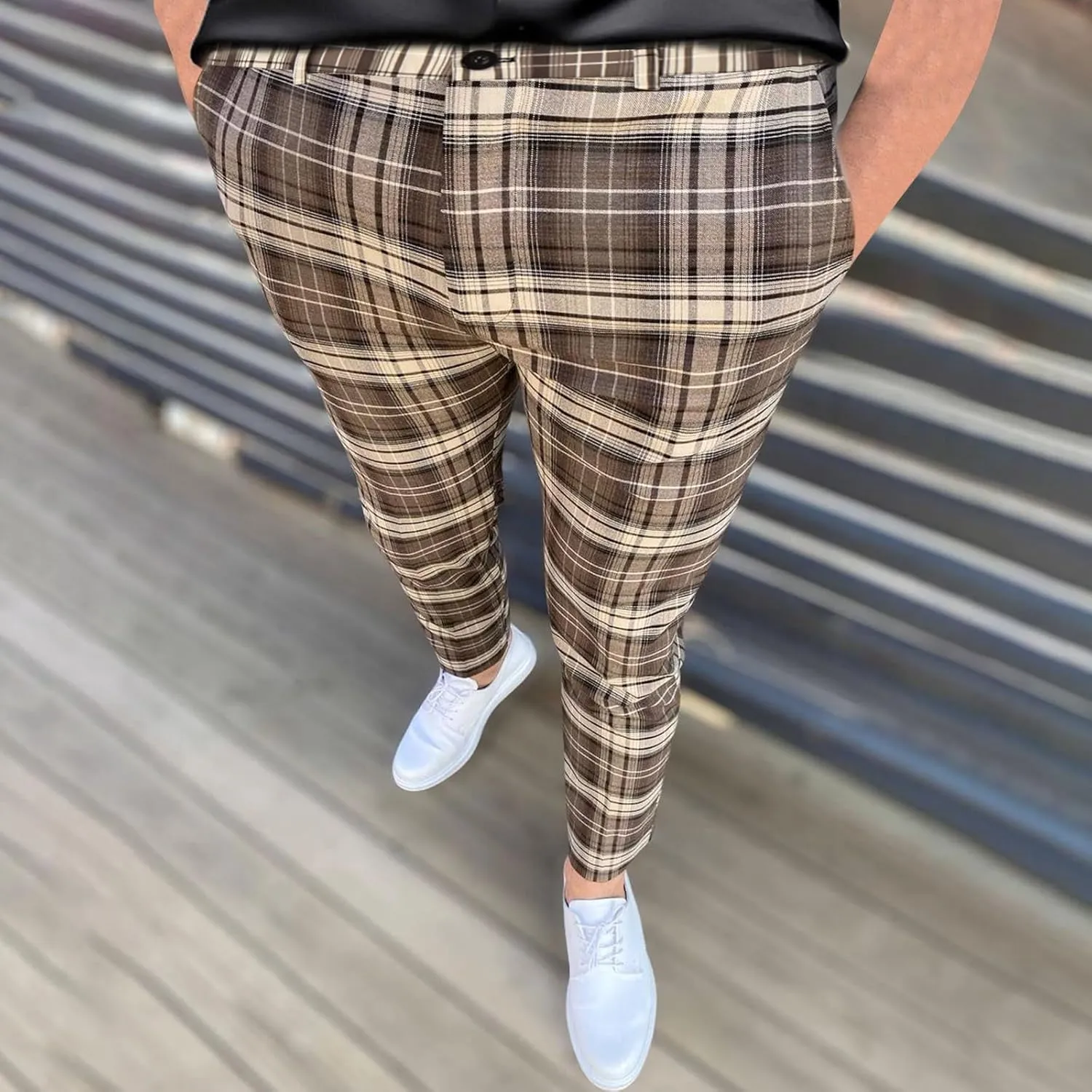 Finelylove Mens Dress Pants Slim Fit Flat Front Casual Plaid Pants Stretch Tapered Business Work Pants Chino Trousers