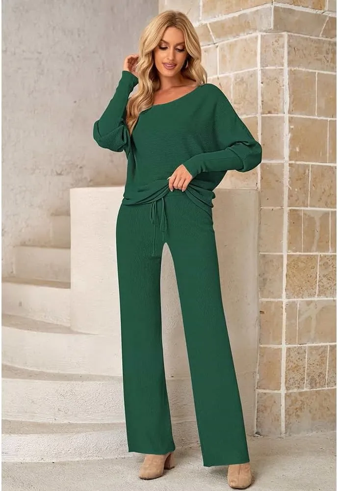 Fixmatti Womens Knitted Outfits 2 Pieces Sweatsuit High Neck Sweater Wide Leg Pant Set