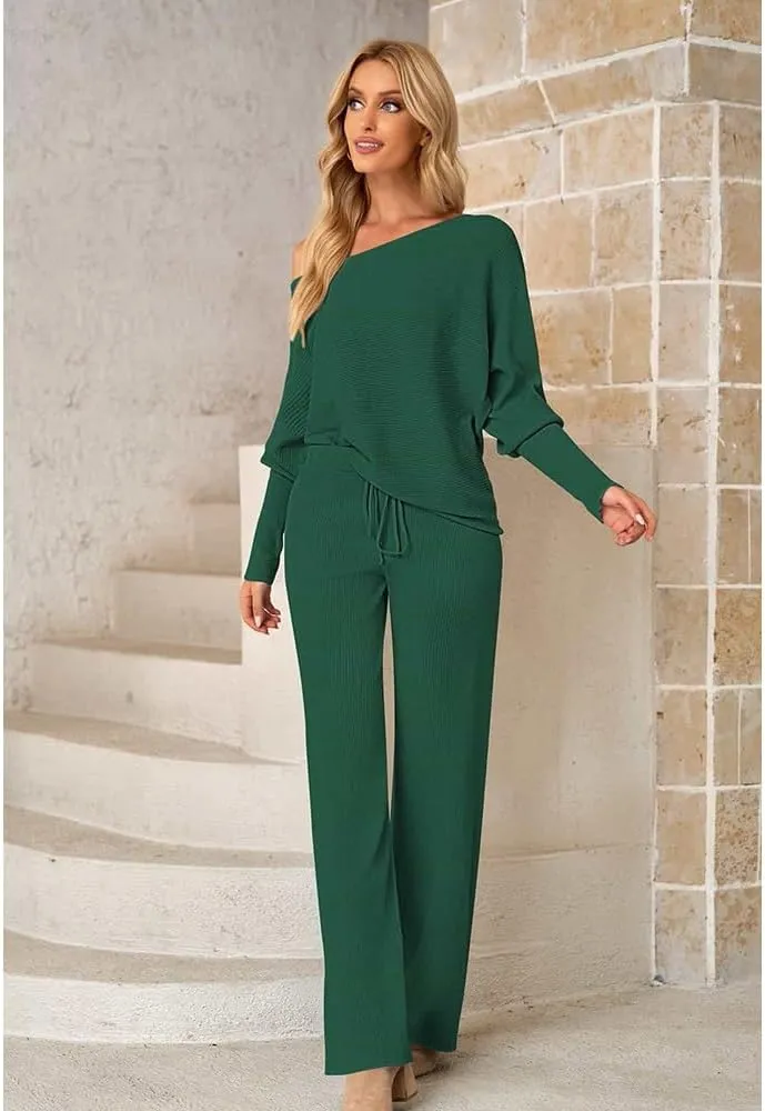 Fixmatti Womens Knitted Outfits 2 Pieces Sweatsuit High Neck Sweater Wide Leg Pant Set