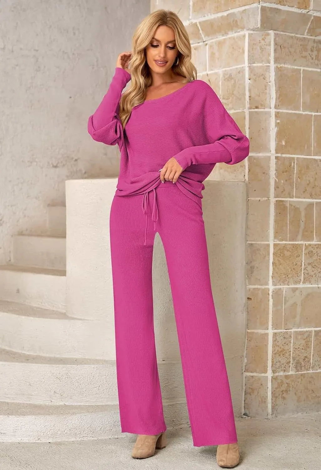 Fixmatti Womens Knitted Outfits 2 Pieces Sweatsuit High Neck Sweater Wide Leg Pant Set