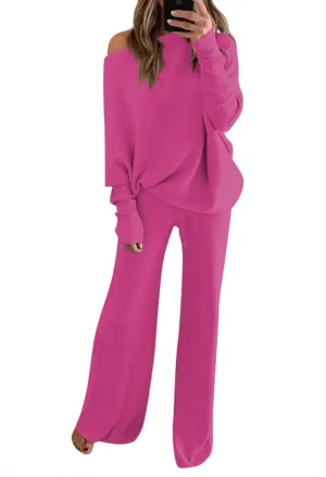 Fixmatti Womens Knitted Outfits 2 Pieces Sweatsuit High Neck Sweater Wide Leg Pant Set