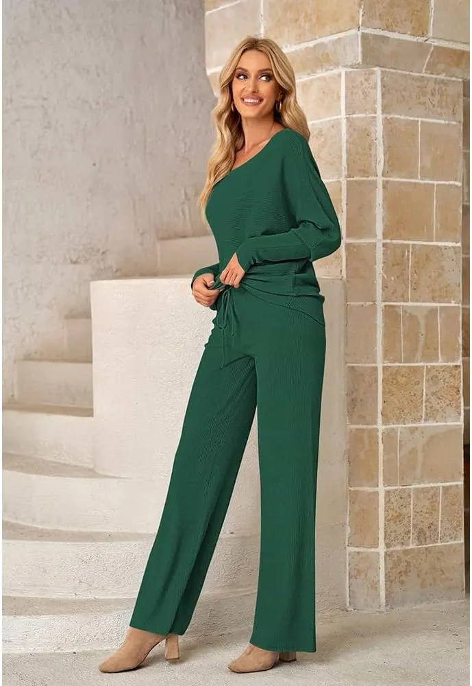 Fixmatti Womens Knitted Outfits 2 Pieces Sweatsuit High Neck Sweater Wide Leg Pant Set