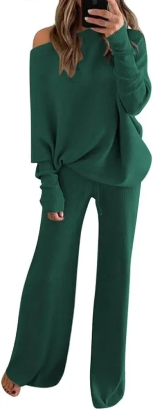 Fixmatti Womens Knitted Outfits 2 Pieces Sweatsuit High Neck Sweater Wide Leg Pant Set