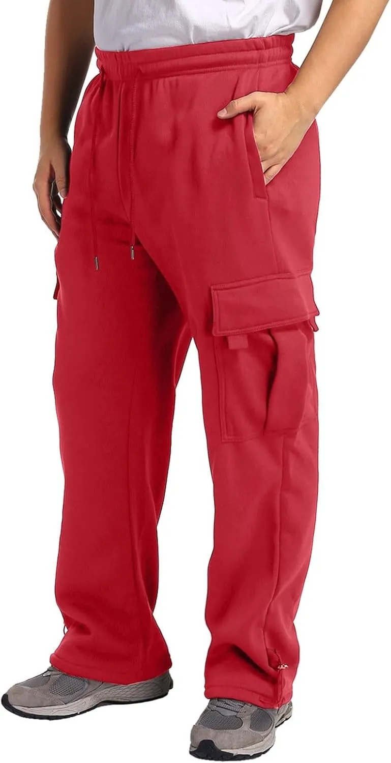 Fleece Cargo Sweatpants for Men Big and Tall Loose Fit Elastic Waist Casual Pants Lightweight Comfy Drawstring Athletic Pants