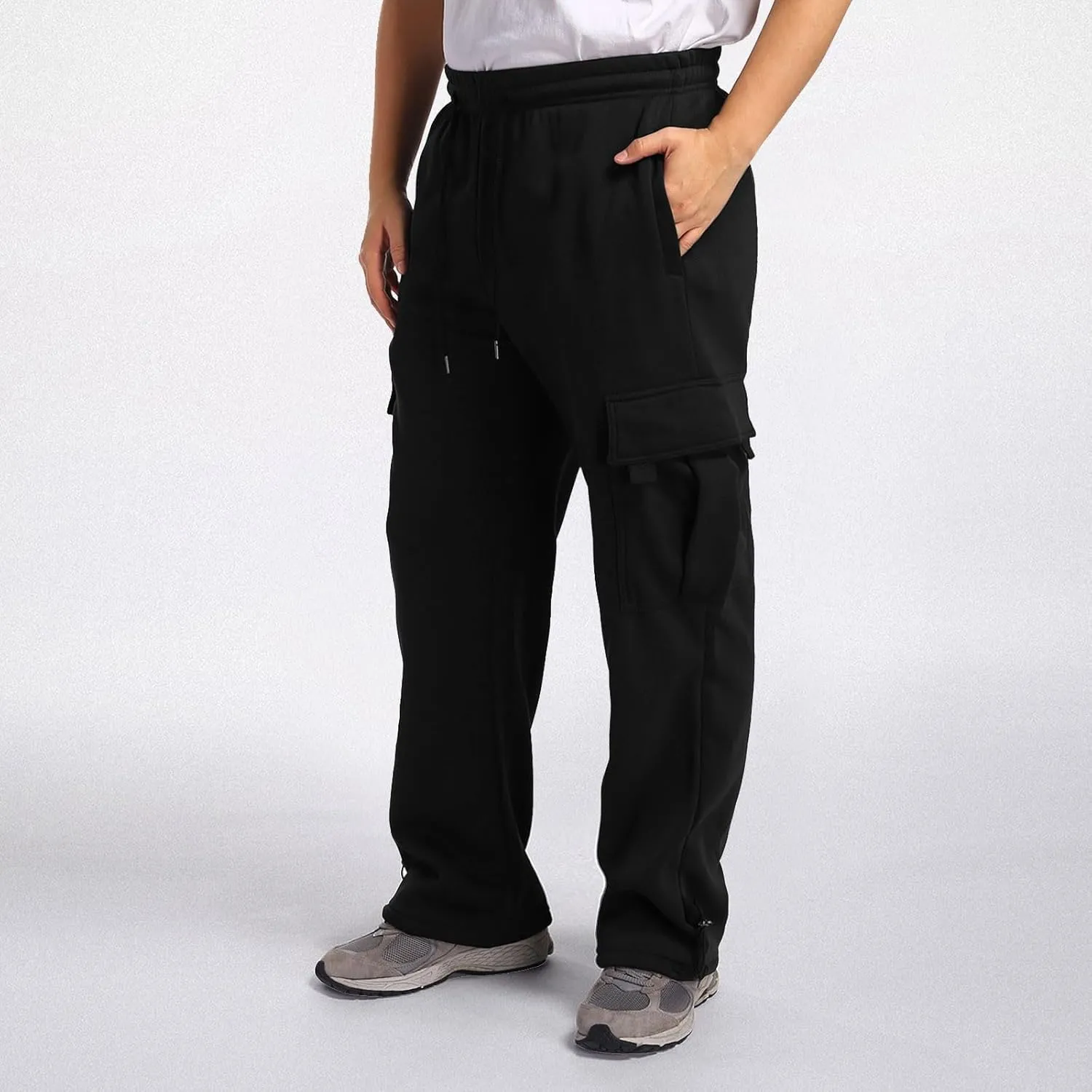 Fleece Cargo Sweatpants for Men Big and Tall Loose Fit Elastic Waist Casual Pants Lightweight Comfy Drawstring Athletic Pants