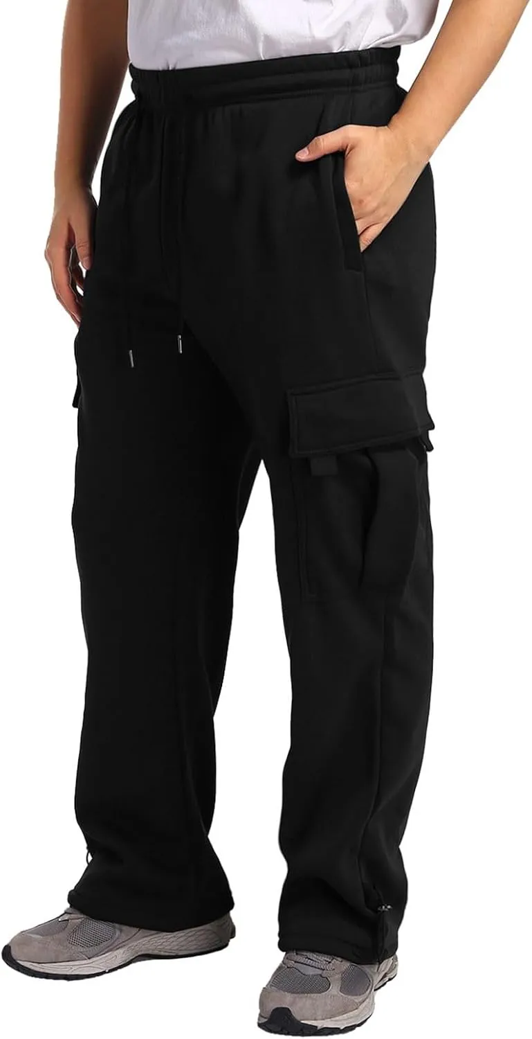 Fleece Cargo Sweatpants for Men Big and Tall Loose Fit Elastic Waist Casual Pants Lightweight Comfy Drawstring Athletic Pants