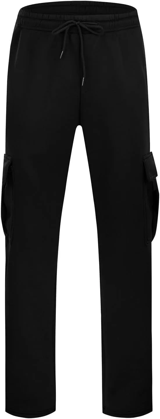 Fleece Cargo Sweatpants for Men Big and Tall Loose Fit Elastic Waist Casual Pants Lightweight Comfy Drawstring Athletic Pants