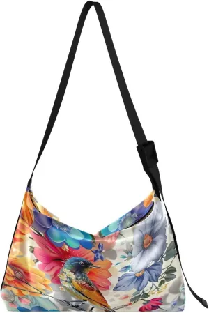 Flower with Colorful Birds Shoulder Bag for Women Waterproof PU Leather Hobo Bags Crossbody Purse with Zipper Closure