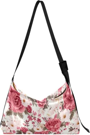 Flowers Floral Pink Crossbody Bag for Women Men with Adjustable Strap PU Leather Shoulder Hobo Purse Bag 20850174
