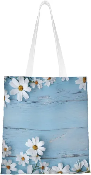 Flowers Light Blue Wood Print Canvas Tote Bags Stylish Shoulder Bag Reusable Shopping Bag Small Handbags For Women Men